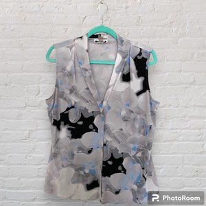 Calvin Klein Sleeveless Blouse -Grey Blue Black Floral Print Sz L